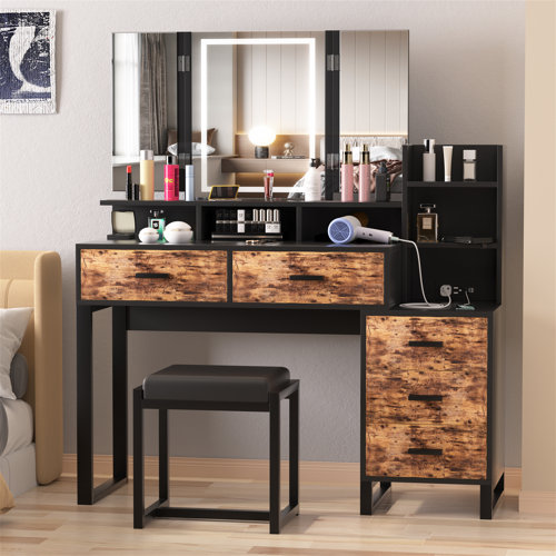 17 Stories Alhertine Vanity Set with Trifold Makeup Mirror, Vanity